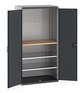 Bott cubio kitted cupboard with lockable steel perfo lined doors 1050mm wide x 650mm deep x 2000mm high.  Supplied with Perfo/Louvre back panels, 1 x wooden worktop and 2 x metal shelves.   Shelf capacity 100kgs.... Bott 1050mm wide x 650mm deep pre Kitted cupboards with Shelves Drawers or Eurocontainers